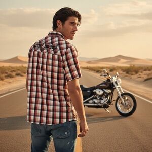 Harley-Davidson Men’s Plaid Shirt Size M Short Sleeve Button-Up |Red Black White